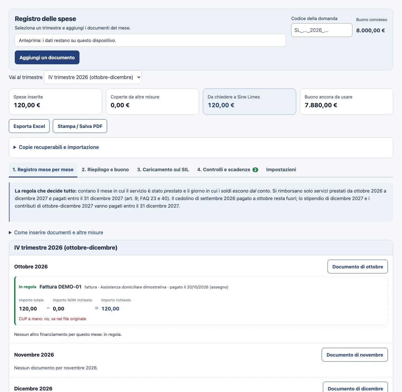 Schermata dimostrativa dell'applicativo: registro dei documenti con dati inventati.